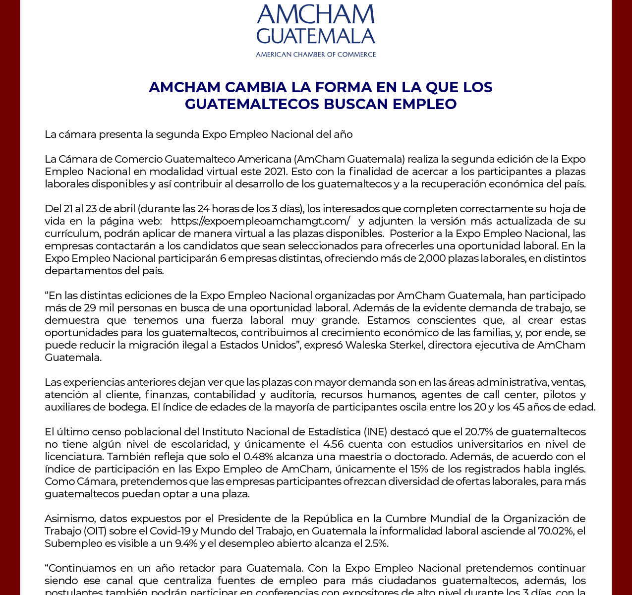 AmCham virtualmente Expo Empleo Nacional 2021