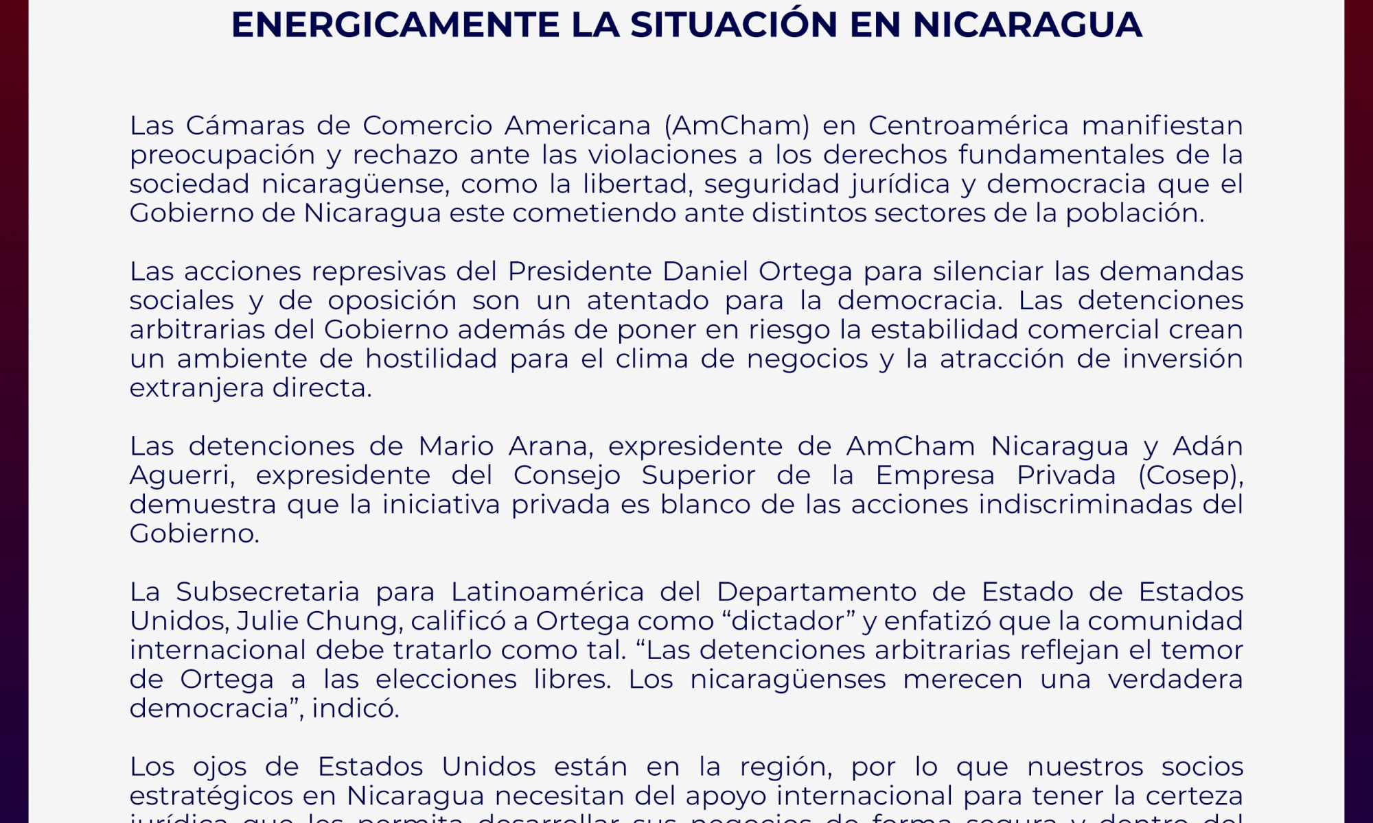 AmChams Centroamérica situación Nicaragua
