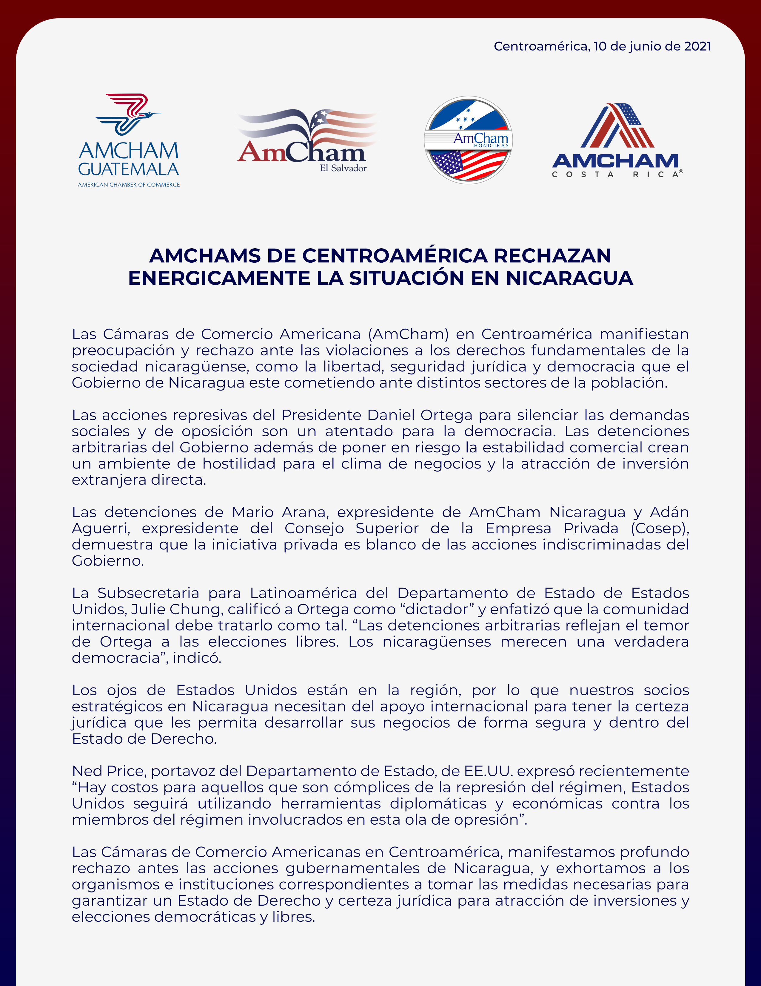 AmChams Centroamérica situación Nicaragua