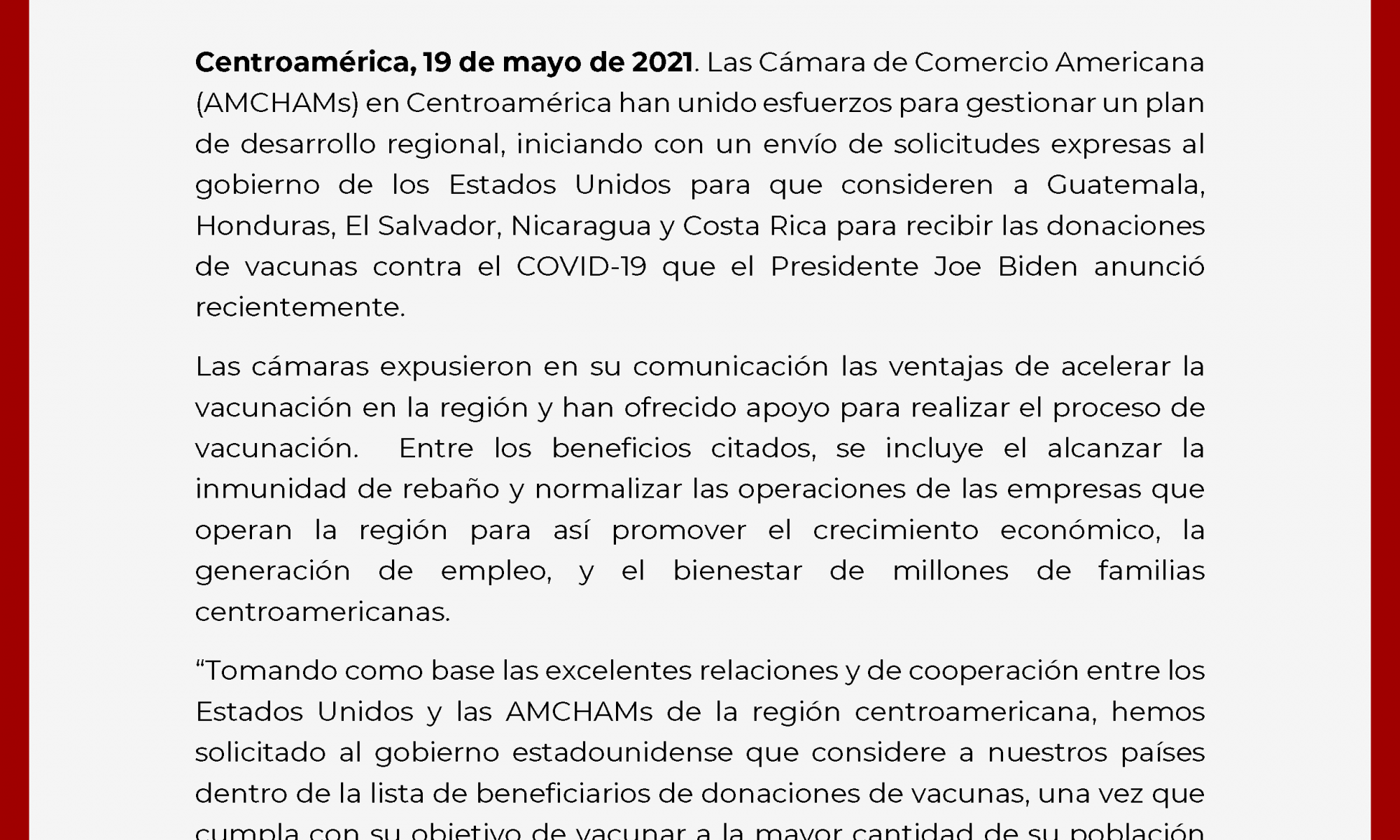 AmChams Centroamérica plan desarrollo