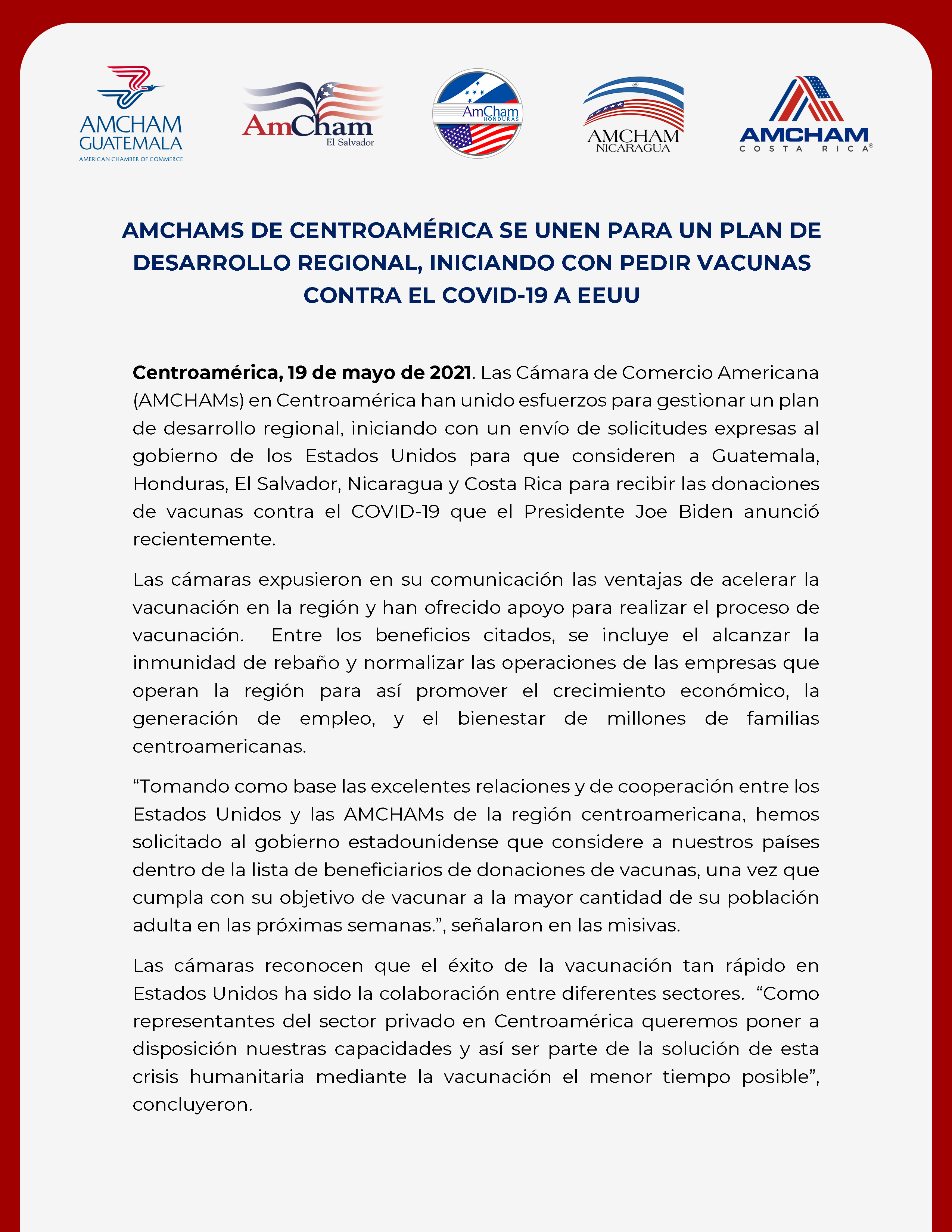 AmChams Centroamérica plan desarrollo