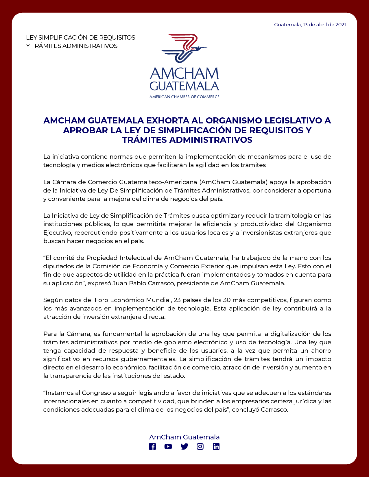 AmCham Organismo Legislativo aprobar Ley