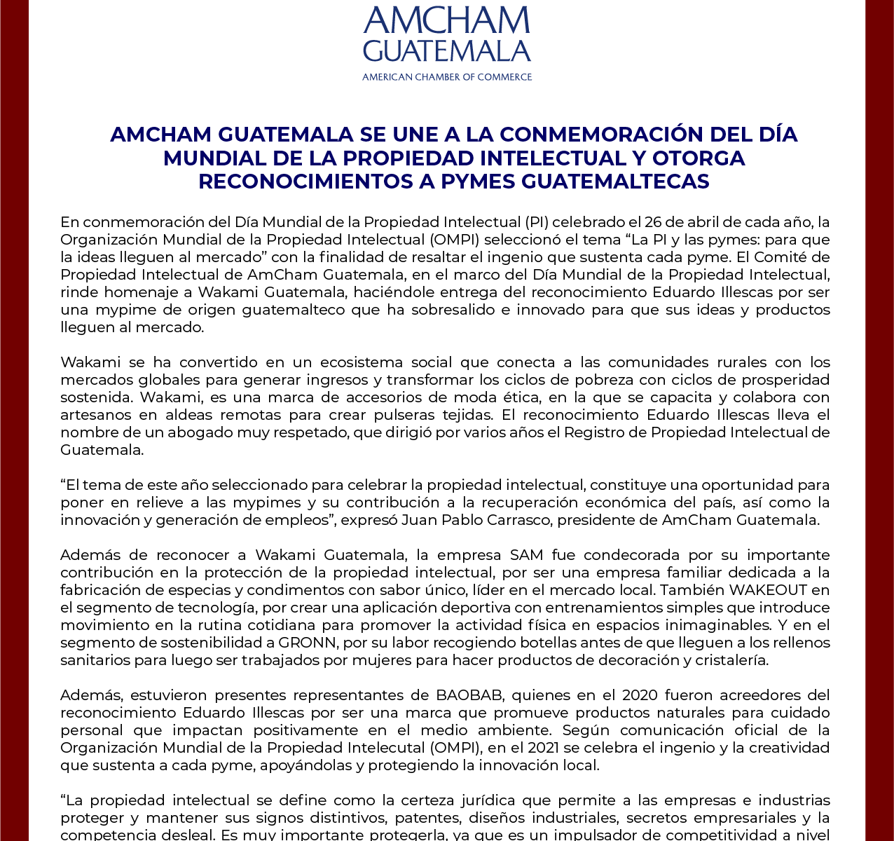 Comunicado AmCham reconocimientos pymes guatemaltecas