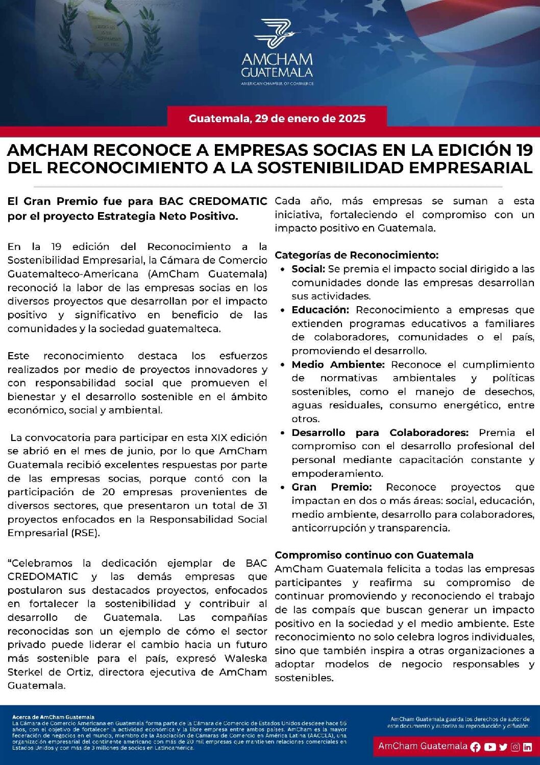 AMCHAM RECONOCE A EMPRESAS SOCIAS EN LA EDICIÓN 19 DEL RECONOCIMIENTO A LA SOSTENIBILIDAD EMPRESARIAL