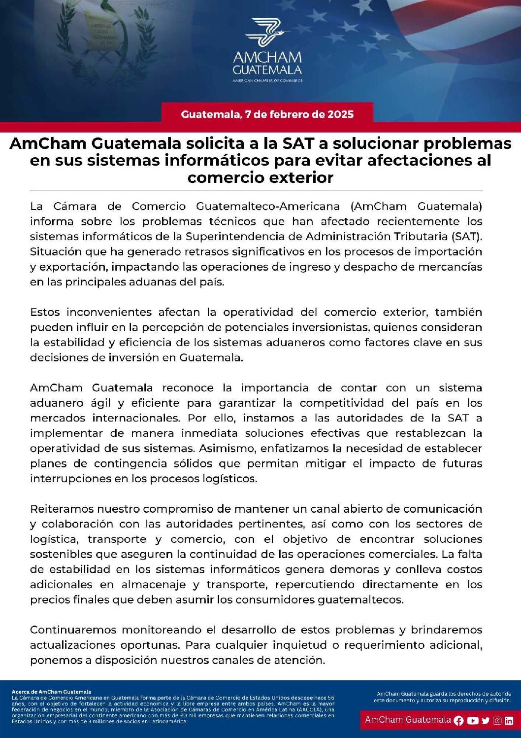 AMCHAM GUATEMALA SOLICITA A LA SAT A SOLUCIONAR PROBLEMAS EN SUS SISTEMAS INFORMÁTICOS PARA EVITAR AFECTACIONES AL COMERCIO EXTERIOR