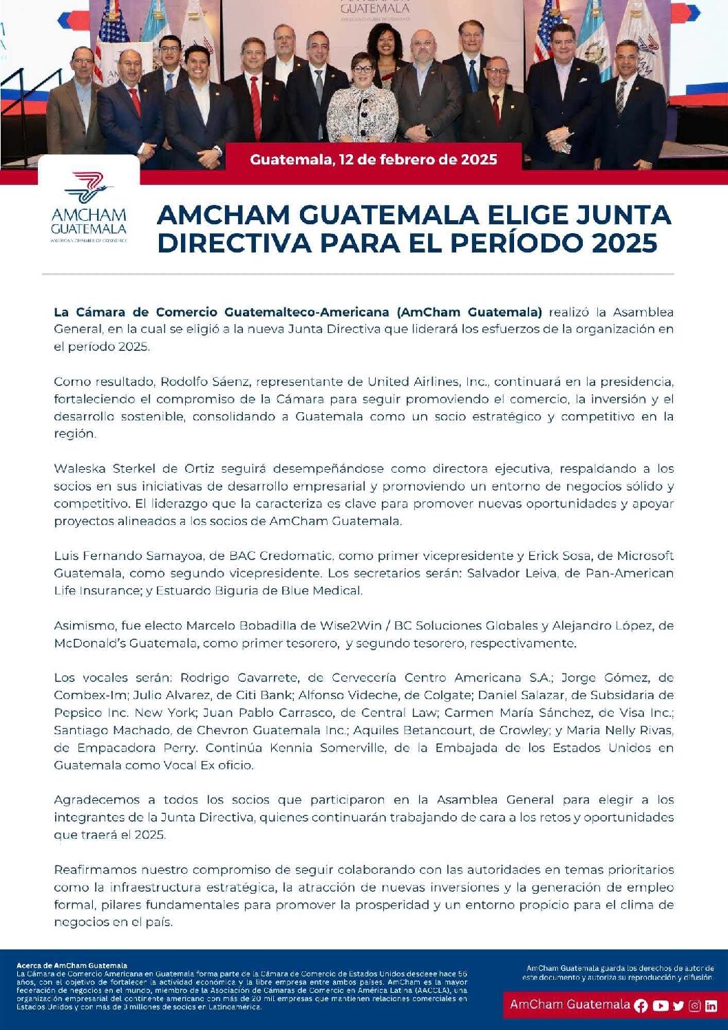 AMCHAM GUATEMALA ELIGE JUNTA DIRECTIVA PARA EL PERÍODO 2025