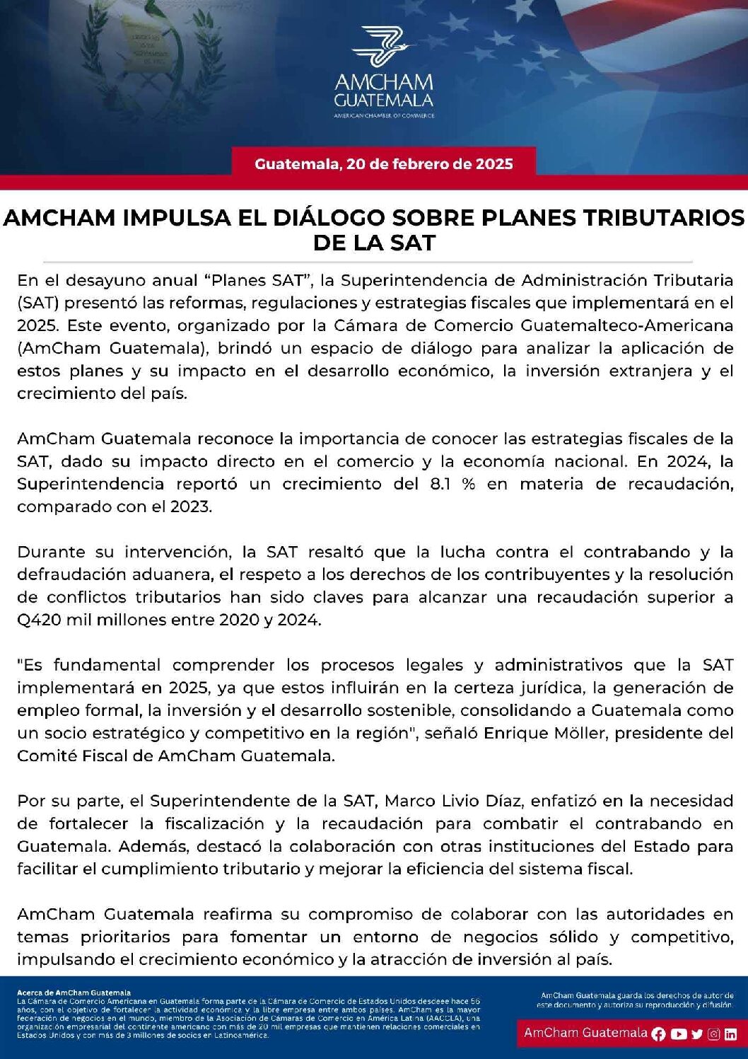 AMCHAM IMPULSA EL DIÁLOGO SOBRE PLANES TRIBUTARIOS DE LA SAT
