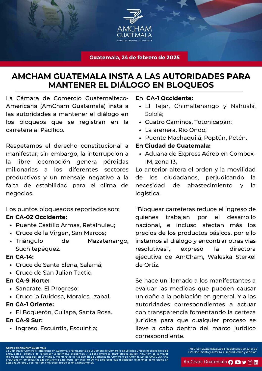 AMCHAM GUATEMALA INSTA A LAS AUTORIDADES PARA MANTENER EL DIÁLOGO EN BLOQUEOS
