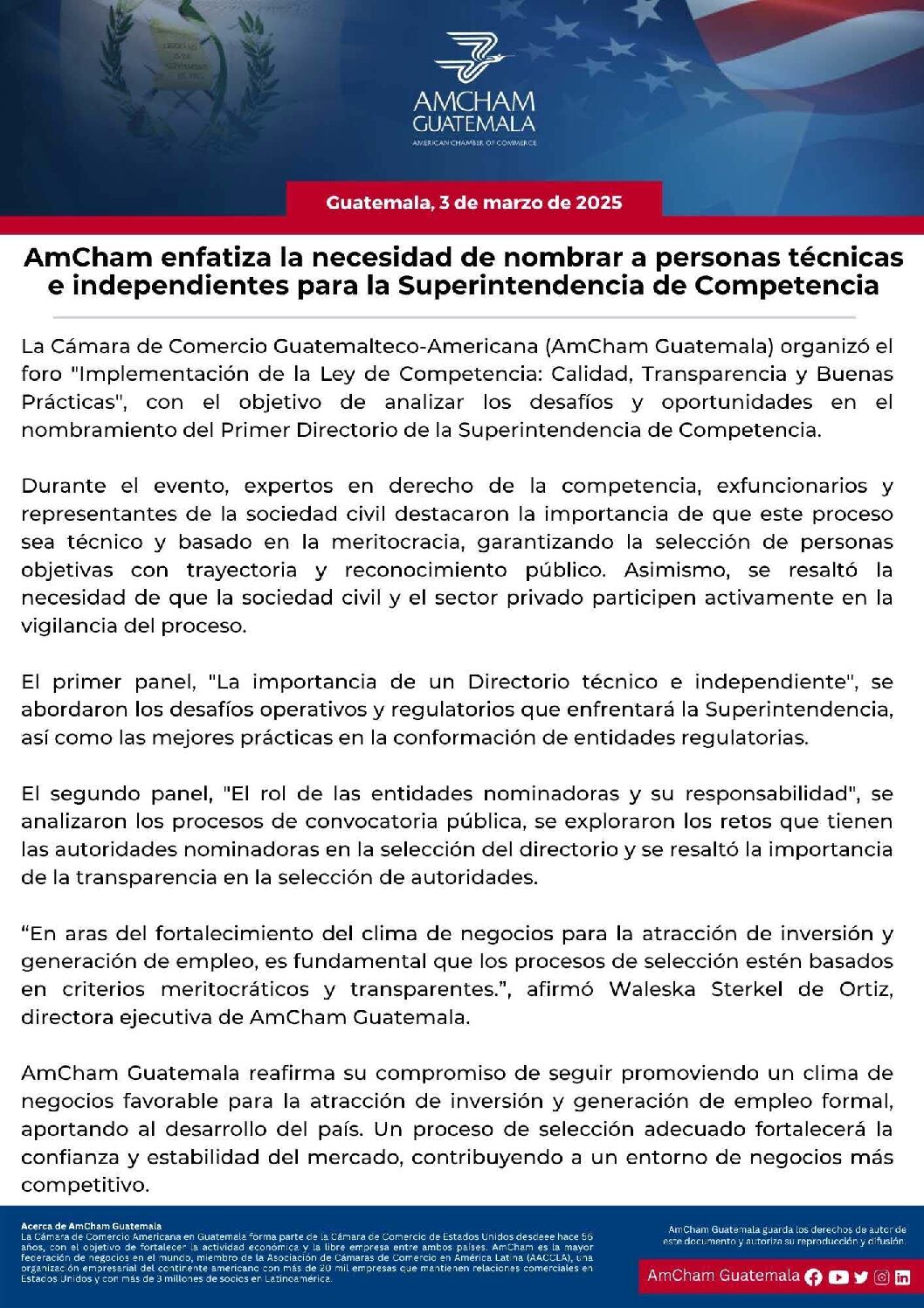 AMCHAM ENFATIZA LA NECESIDAD DE NOMBRAR A PERSONAS TÉCNICAS E INDEPENDIENTES PARA LA SUPERINTENDENCIA DE COMPETENCIA