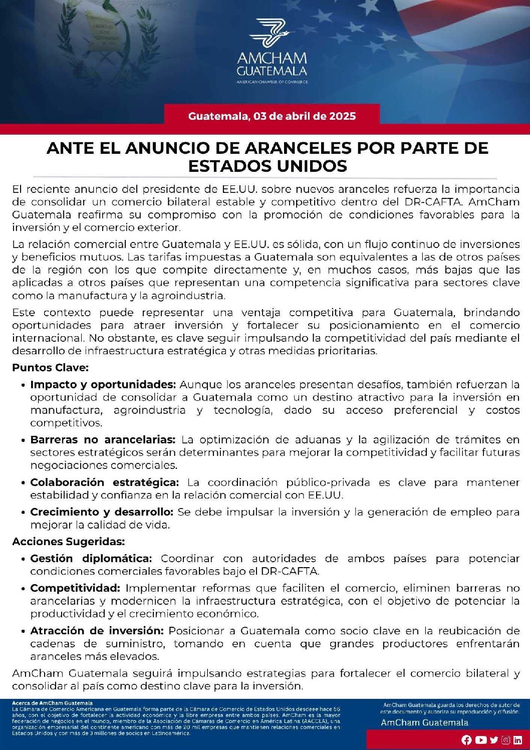 ANTE EL ANUNCIO DE ARANCELES POR PARTE DE ESTADOS UNIDOS