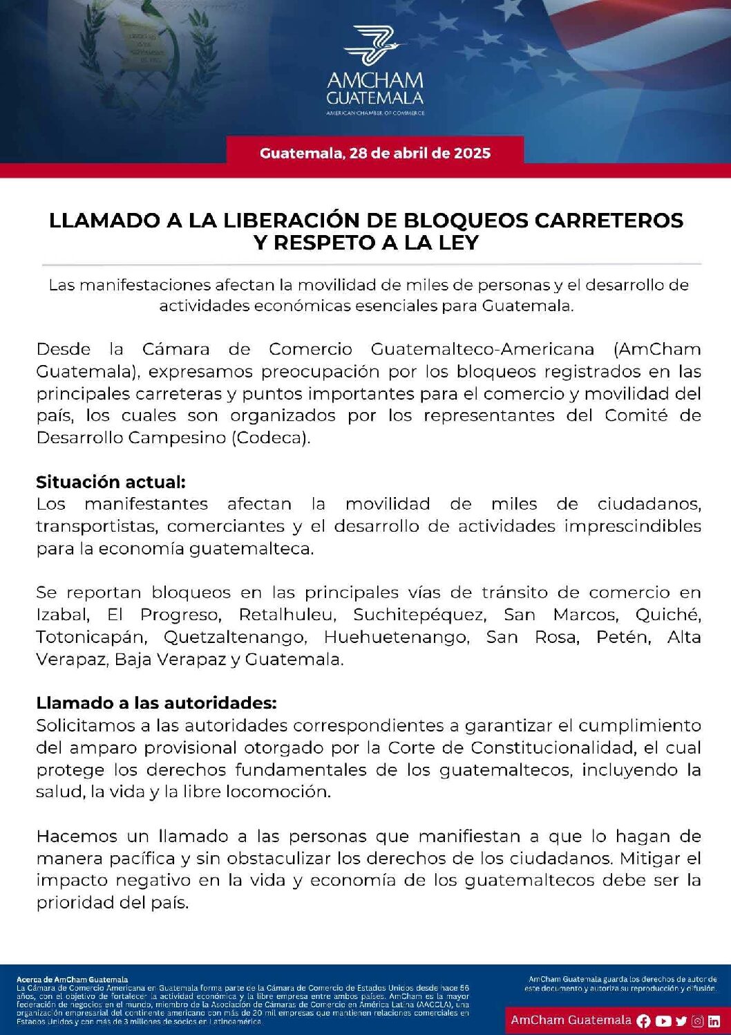 LLAMADO A LA LIBERACIÓN DE BLOQUEOS CARRETEROS Y RESPETO A LA LEY