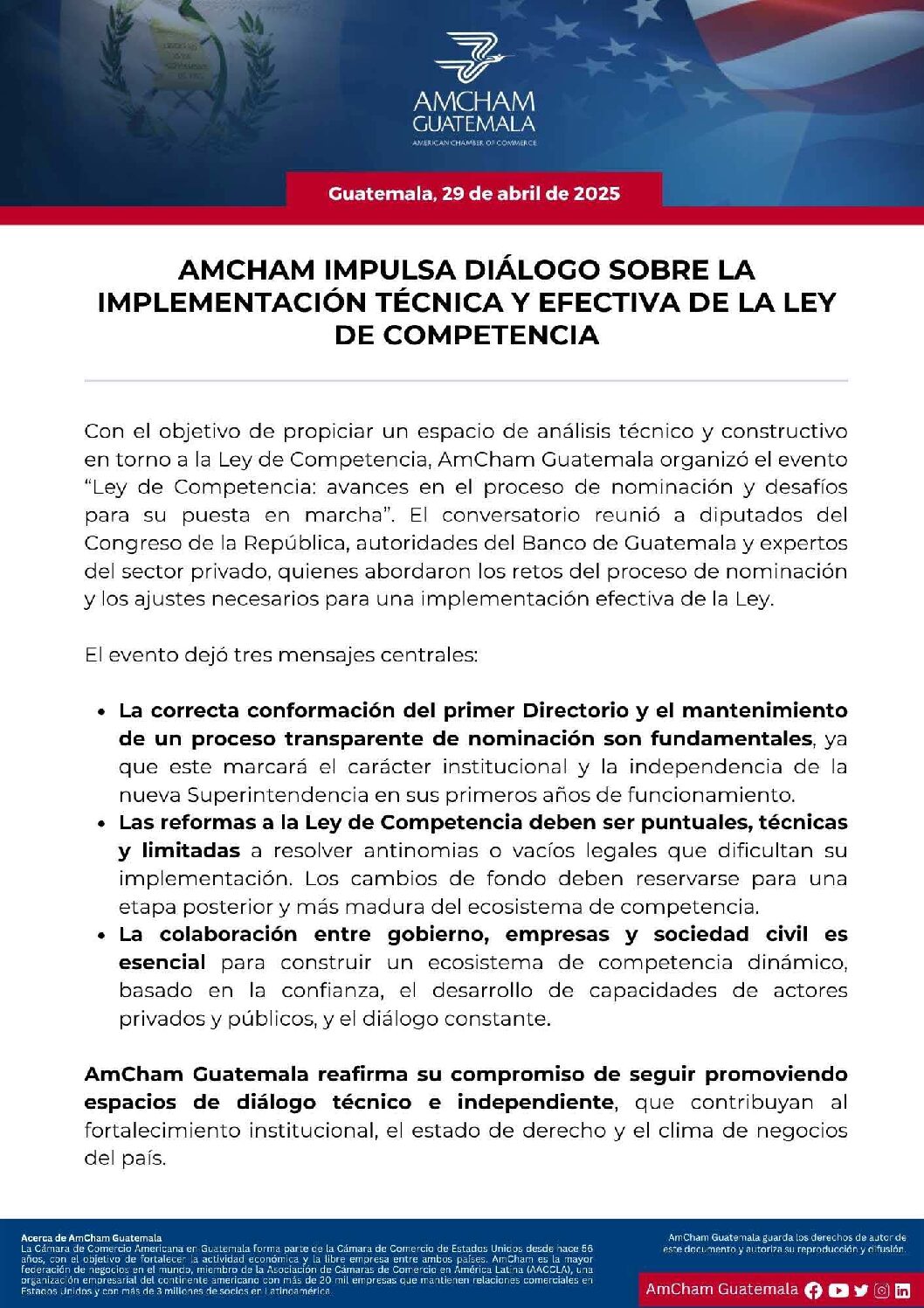 AMCHAM IMPULSA DIÁLOGO SOBRE LA IMPLEMENTACIÓN TÉCNICA Y EFECTIVA DE LA LEY DE COMPETENCIA