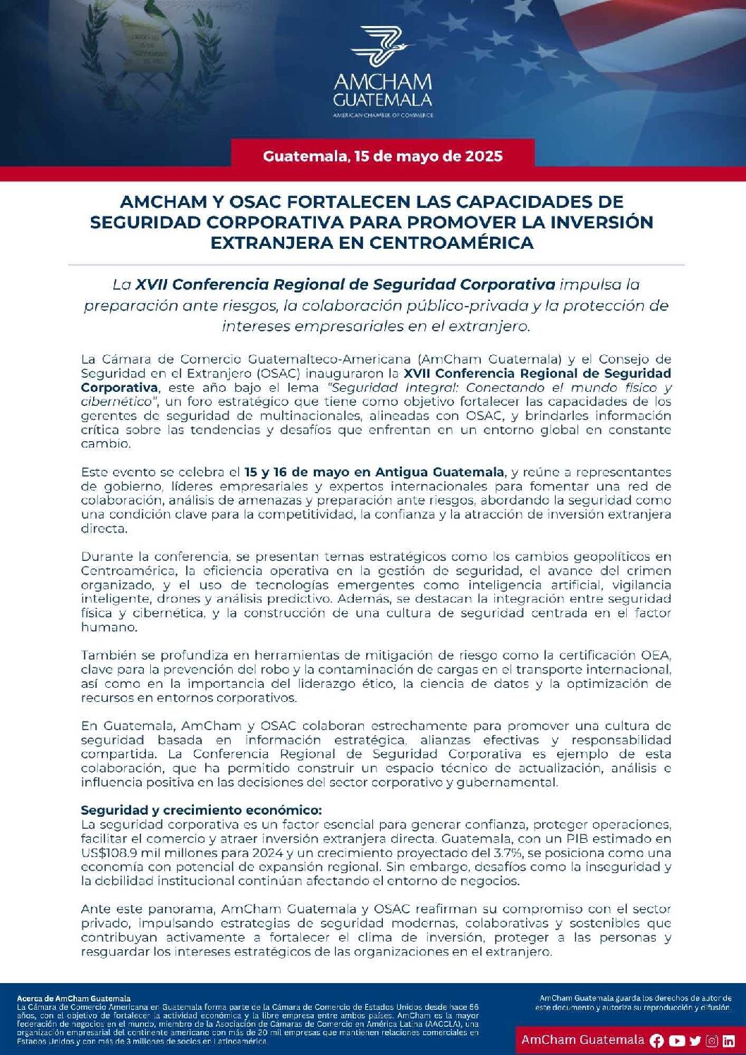 AMCHAM Y OSAC FORTALECEN LAS CAPACIDADES DE SEGURIDAD CORPORATIVA PARA PROMOVER LA INVERSIÓN EXTRANJERA EN CENTROAMÉRICA