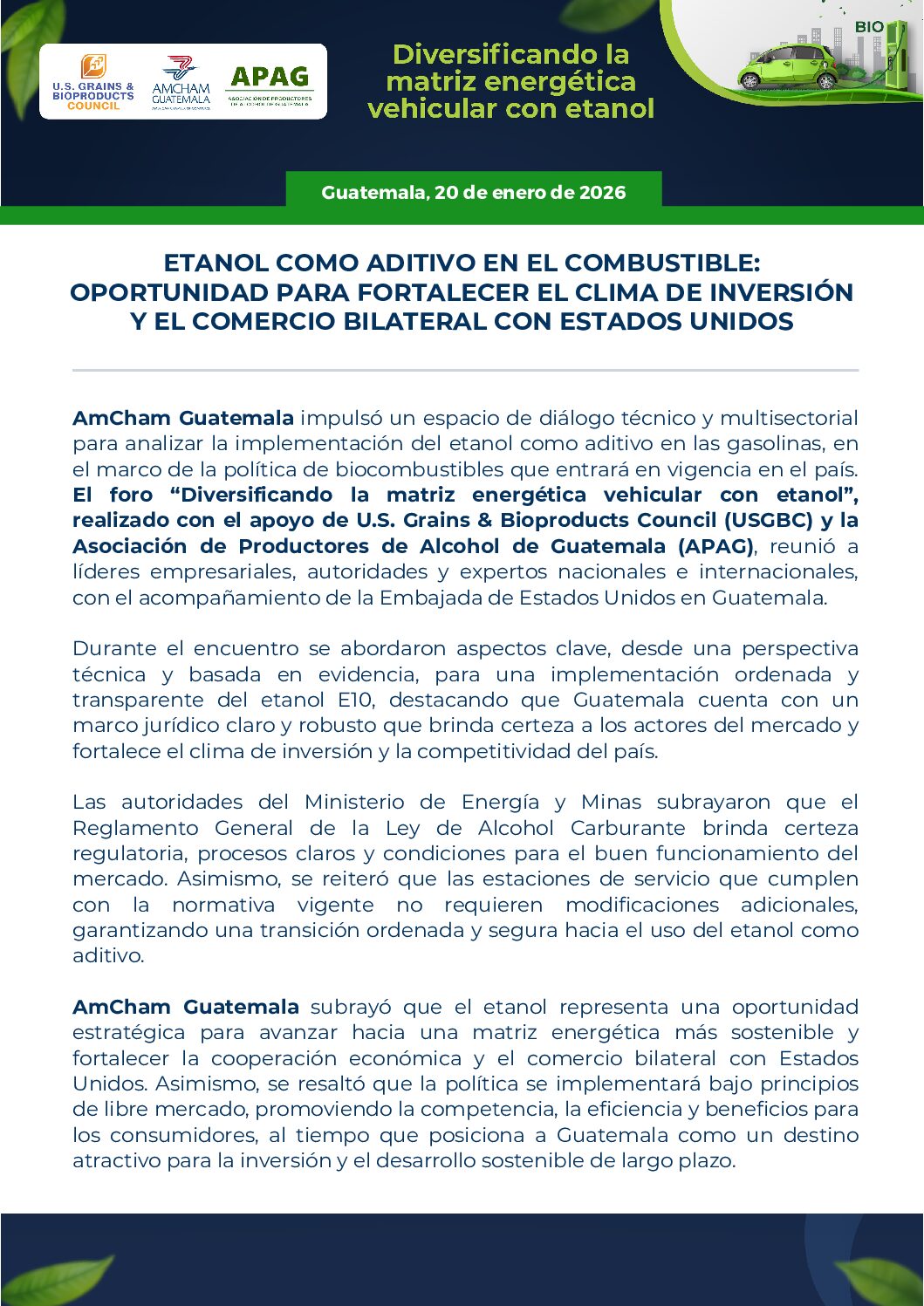 ETANOL COMO ADITIVO EN EL COMBUSTIBLE: OPORTUNIDAD PARA FORTALECER EL CLIMA DE INVERSIÓN Y EL COMERCIO BILATERAL CON ESTADOS UNIDOS