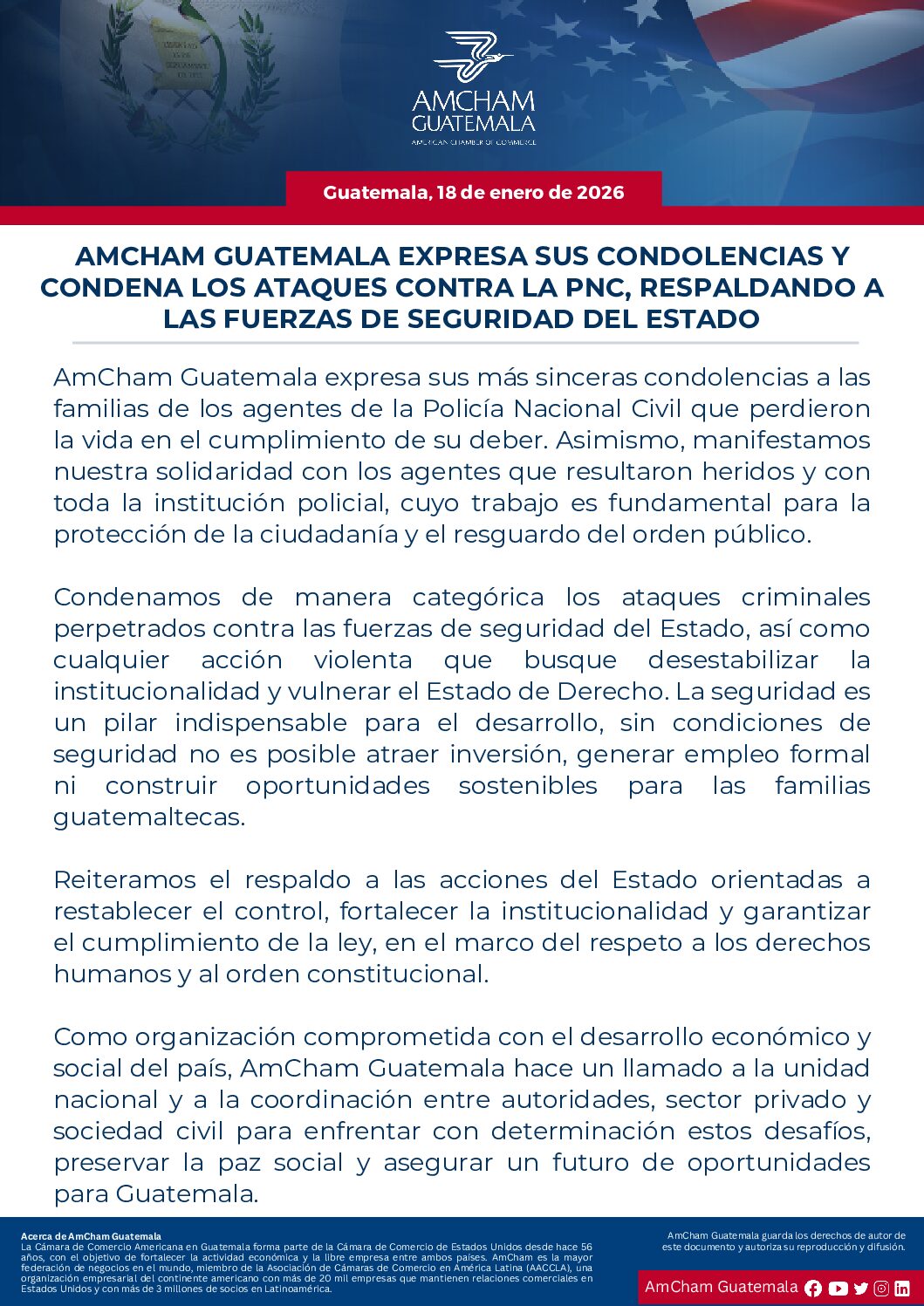 AMCHAM GUATEMALA EXPRESA SUS CONDOLENCIAS Y CONDENA LOS ATAQUES CONTRA LA PNC, RESPALDANDO A LAS FUERZAS DE SEGURIDAD DEL ESTADO