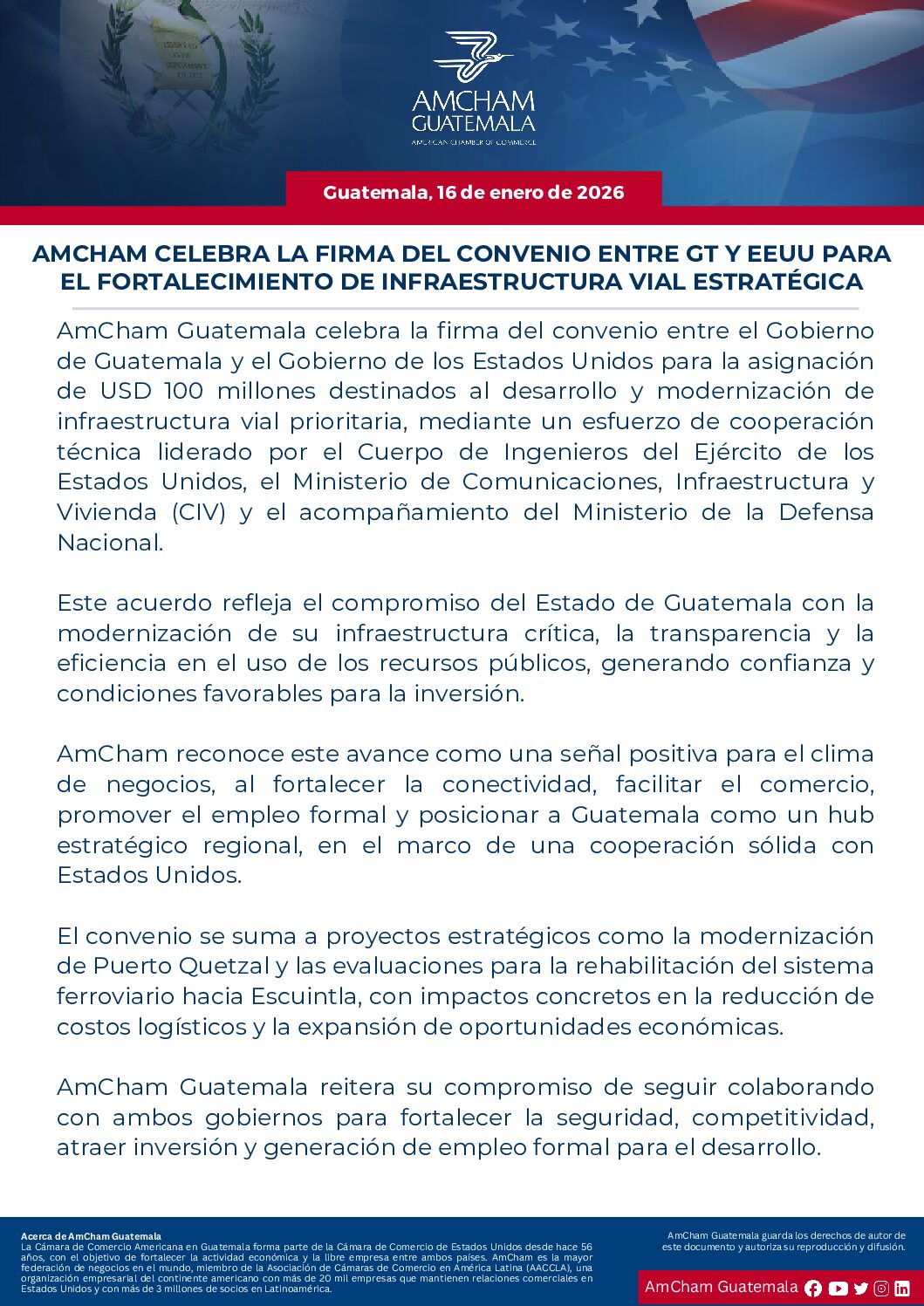 AMCHAM CELEBRA LA FIRMA DEL CONVENIO ENTRE GT Y EE. UU. PARA EL FORTALECIMIENTO DE INFRAESTRUCTURA VIAL ESTRATÉGICA