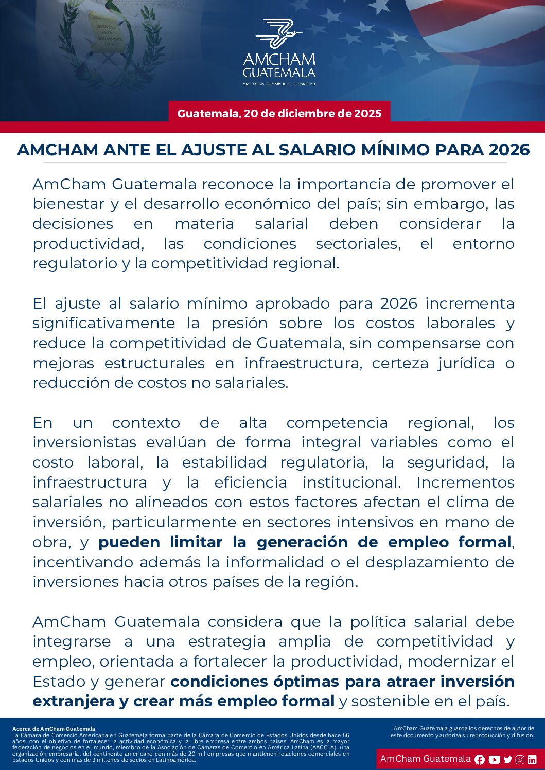 AMCHAM ANTE EL AJUSTE AL SALARIO MÍNIMO PARA 2026