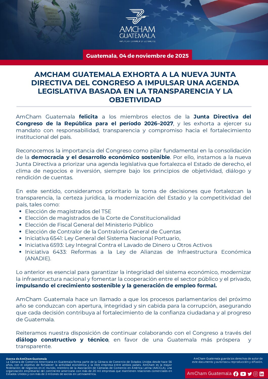 AMCHAM GUATEMALA EXHORTA A LA NUEVA JUNTA DIRECTIVA DEL CONGRESO A IMPULSAR UNA AGENDA LEGISLATIVA BASADA EN LA TRANSPARENCIA Y LA OBJETIVIDAD