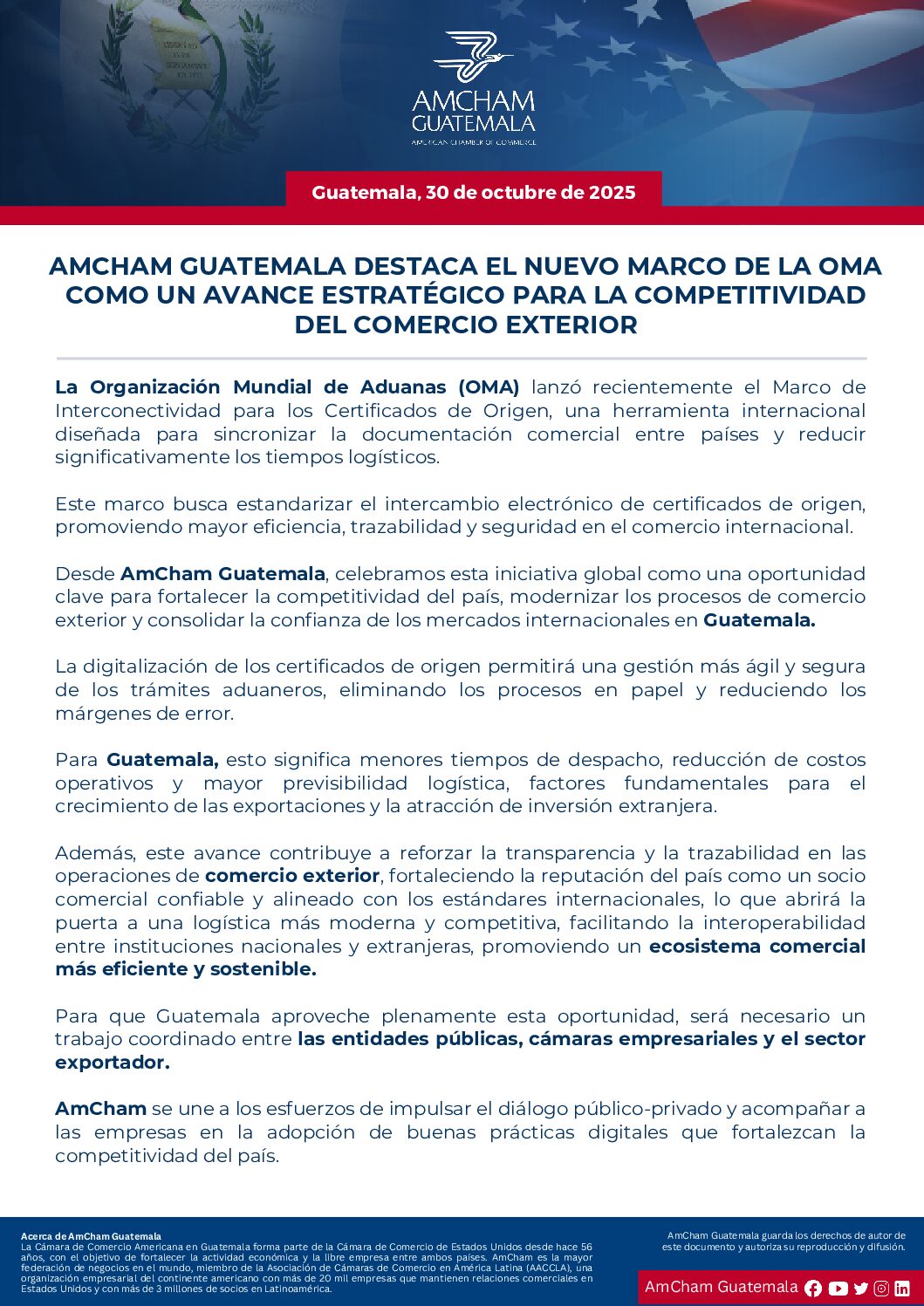 AMCHAM GUATEMALA DESTACA EL NUEVO MARCO DE LA OMA COMO UN AVANCE ESTRATÉGICO PARA LA COMPETITIVIDAD DEL COMERCIO EXTERIOR