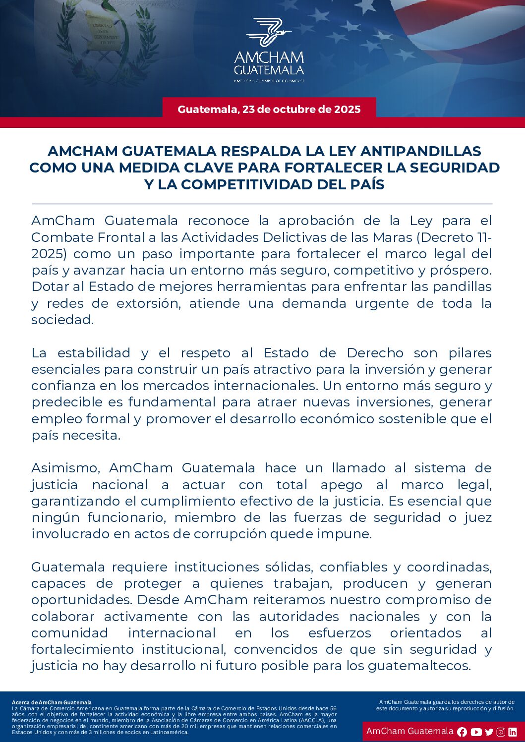 AMCHAM GUATEMALA RESPALDA LA LEY ANTIPANDILLAS COMO UNA MEDIDA CLAVE PARA FORTALECER LA SEGURIDAD Y LA COMPETITIVIDAD DEL PAÍS