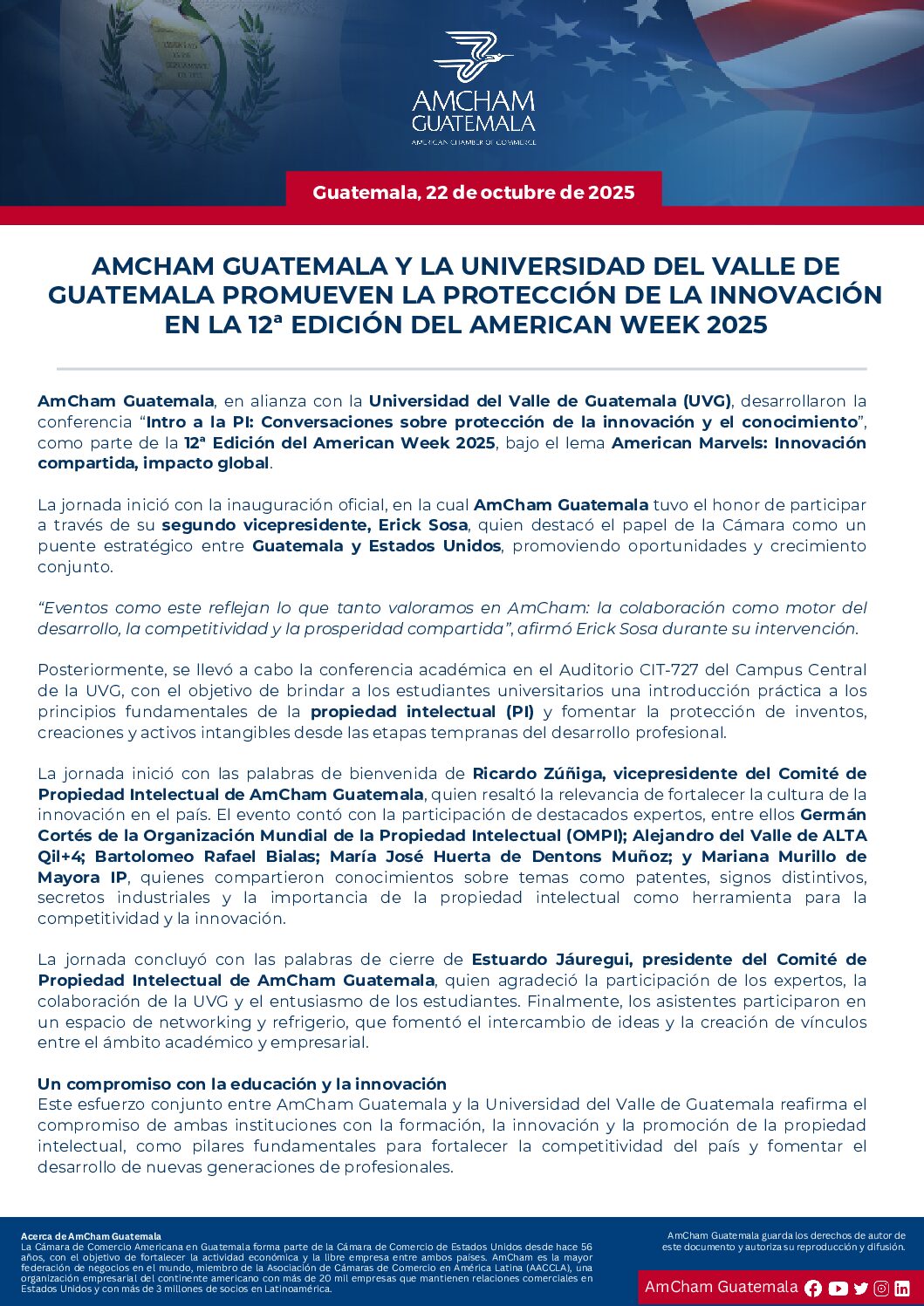 AMCHAM GUATEMALA Y LA UNIVERSIDAD DEL VALLE DE GUATEMALA PROMUEVEN LA PROTECCIÓN DE LA INNOVACIÓNEN LA 12ª EDICIÓN DEL AMERICAN WEEK 2025