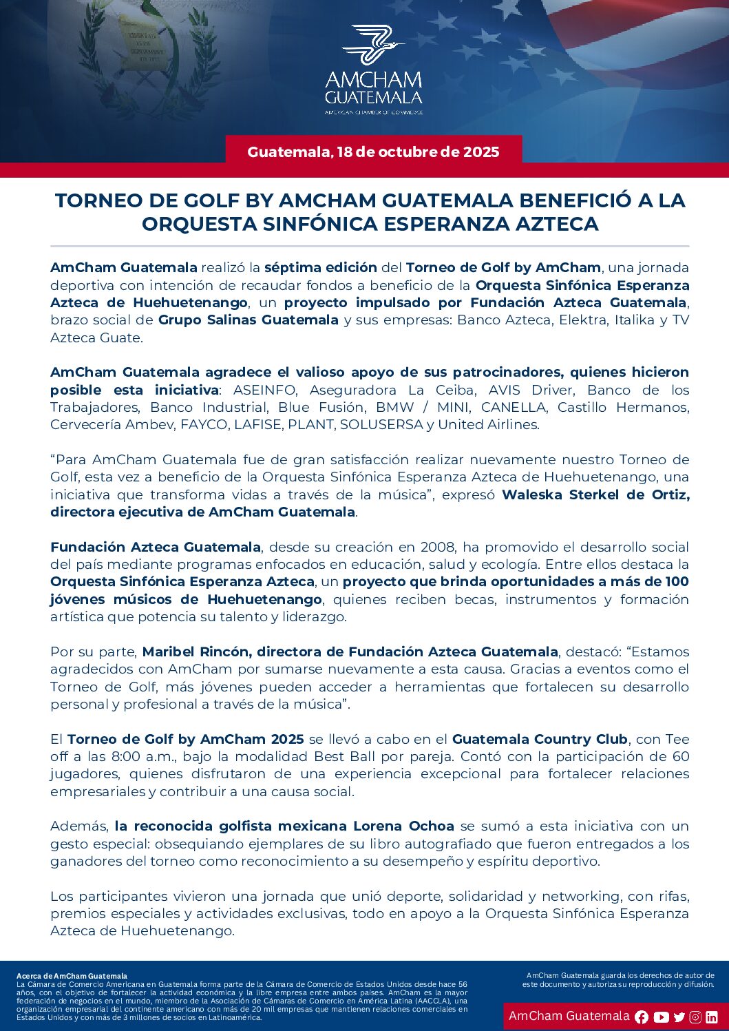 TORNEO DE GOLF BY AMCHAM GUATEMALA BENEFICIÓ A LA ORQUESTA SINFÓNICA ESPERANZA AZTECA