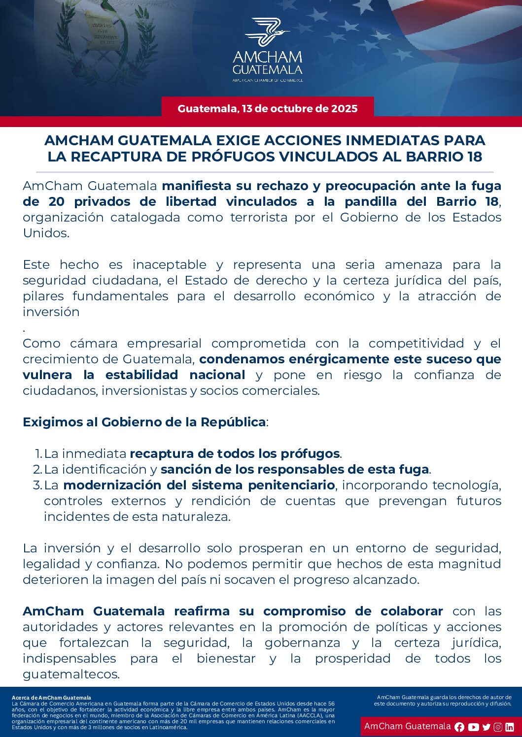 AMCHAM GUATEMALA EXIGE ACCIONES INMEDIATAS PARA LA RECAPTURA DE PRÓFUGOS VINCULADOS AL BARRIO 18