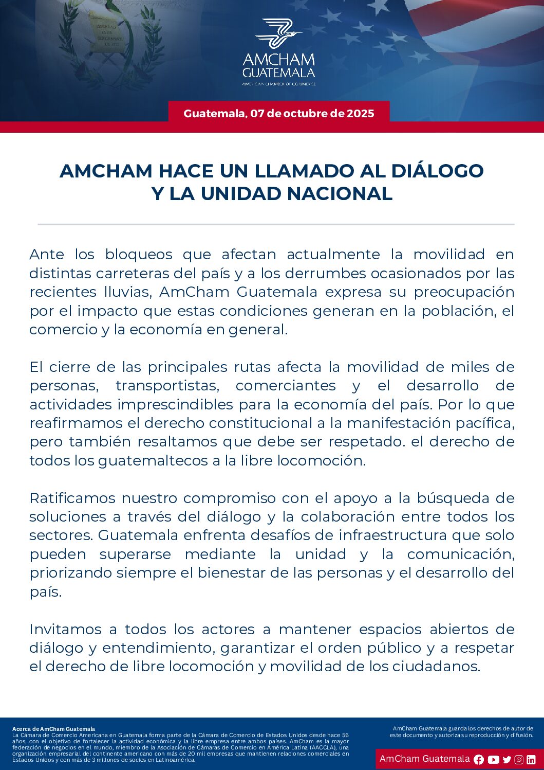 AMCHAM HACE UN LLAMADO AL DIÁLOGO Y LA UNIDAD NACIONAL