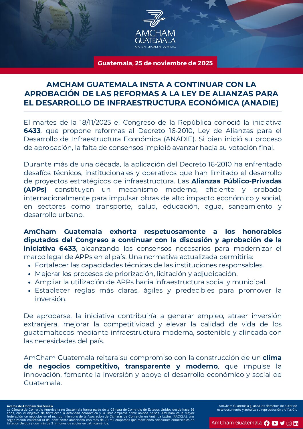 AMCHAM GUATEMALA INSTA A CONTINUAR CON LA APROBACIÓN DE LAS REFORMAS A LA LEY DE ALIANZAS PARA EL DESARROLLO DE INFRAESTRUCTURA ECONÓMICA (ANADIE)