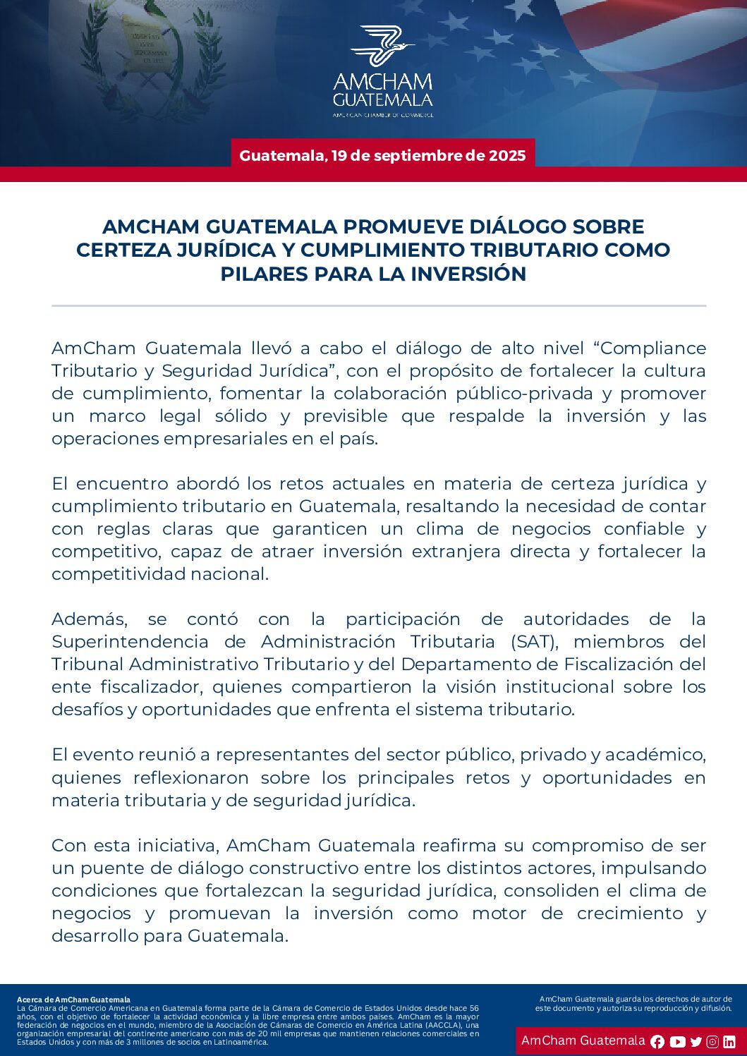 AMCHAM GUATEMALA PROMUEVE DIÁLOGO SOBRE CERTEZA JURÍDICA Y CUMPLIMIENTO TRIBUTARIO COMOPILARES PARA LA INVERSIÓN