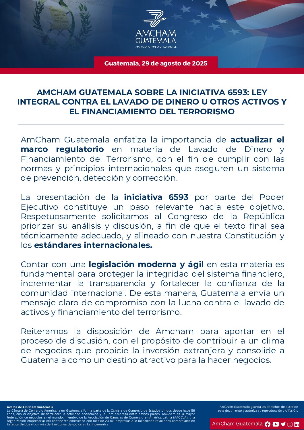 AMCHAM GUATEMALA SOBRE LA INICIATIVA 6593: LEY INTEGRAL CONTRA EL LAVADO DE DINERO U OTROS ACTIVOS YEL FINANCIAMIENTO DEL TERRORISMO