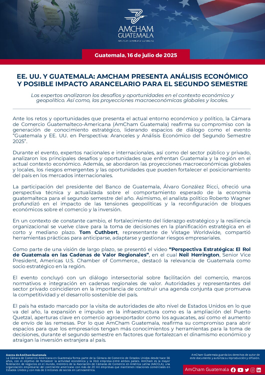 EE. UU. Y GUATEMALA: AMCHAM PRESENTA ANÁLISIS ECONÓMICO Y POSIBLE IMPACTO ARANCELARIO PARA EL SEGUNDO SEMESTRE