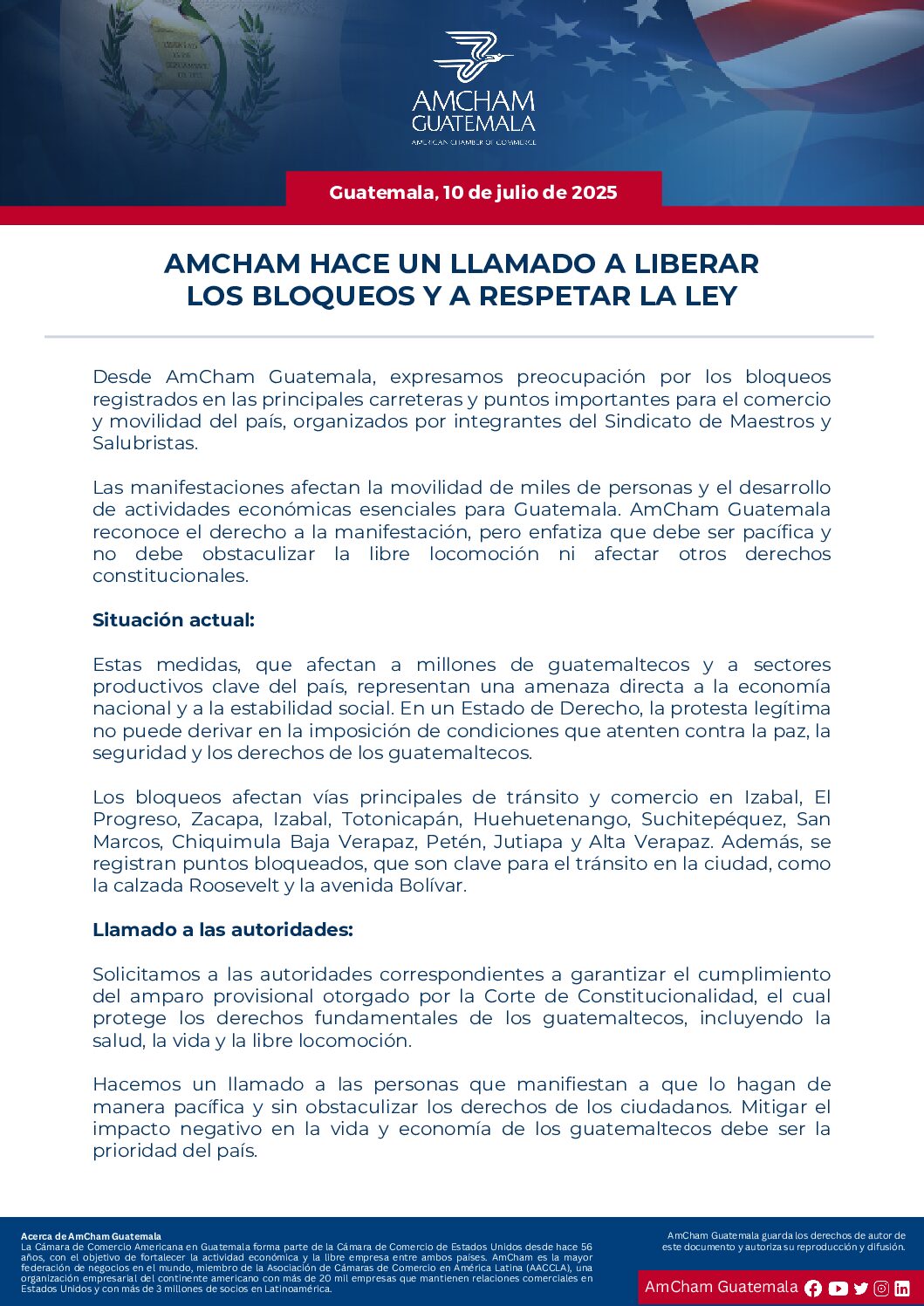 AMCHAM HACE UN LLAMADO A LIBERAR LOS BLOQUEOS Y A RESPETAR LA LEY