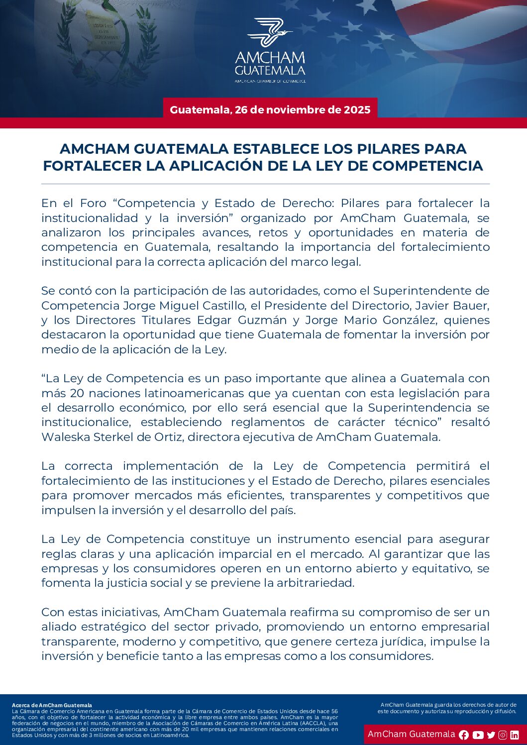 AMCHAM GUATEMALA ESTABLECE LOS PILARES PARA FORTALECER LA APLICACIÓN DE LA LEY DE COMPETENCIA