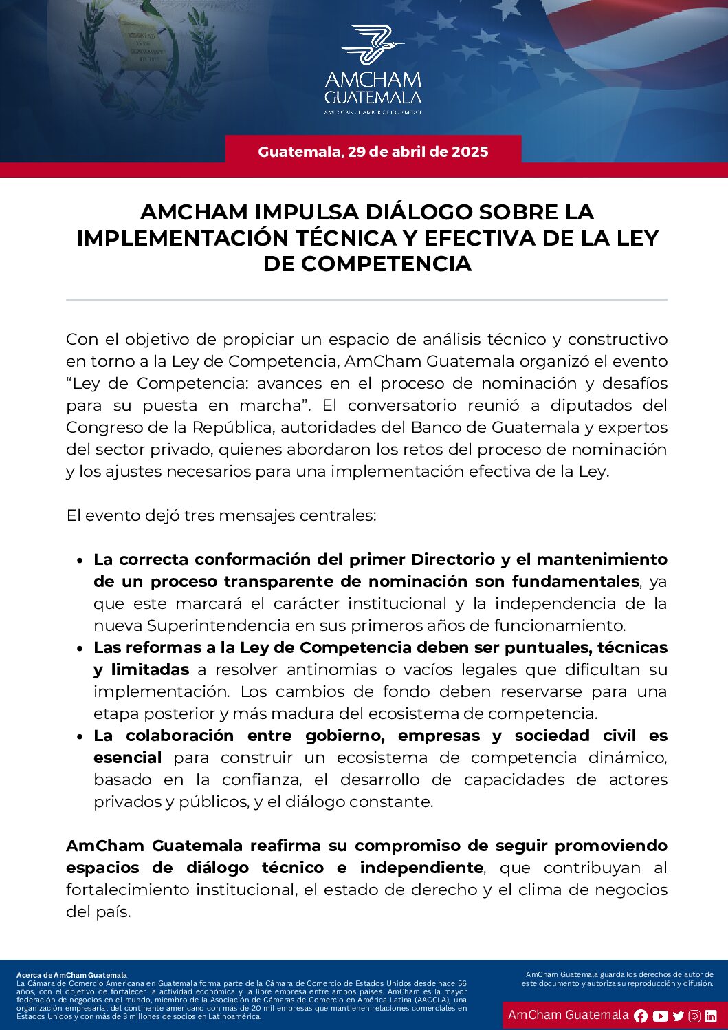 AMCHAM IMPULSA DIÁLOGO SOBRE LA IMPLEMENTACIÓN TÉCNICA Y EFECTIVA DE LA LEYDE COMPETENCIA