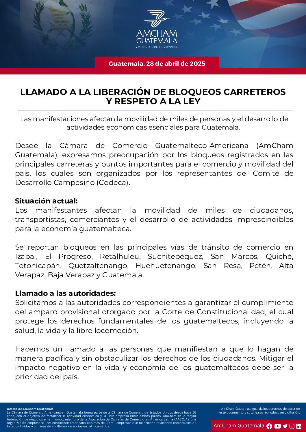 LLAMADO A LA LIBERACIÓN DE BLOQUEOS CARRETEROS Y RESPETO A LA LEY