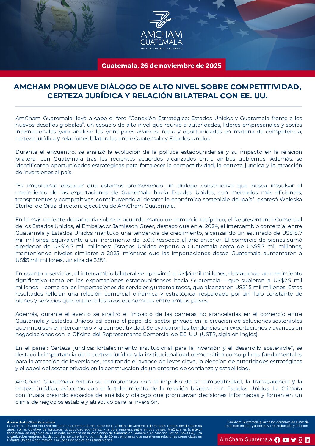 AMCHAM PROMUEVE DIÁLOGO DE ALTO NIVEL SOBRE COMPETITIVIDAD, CERTEZA JURÍDICA Y RELACIÓN BILATERAL CON EE. UU.