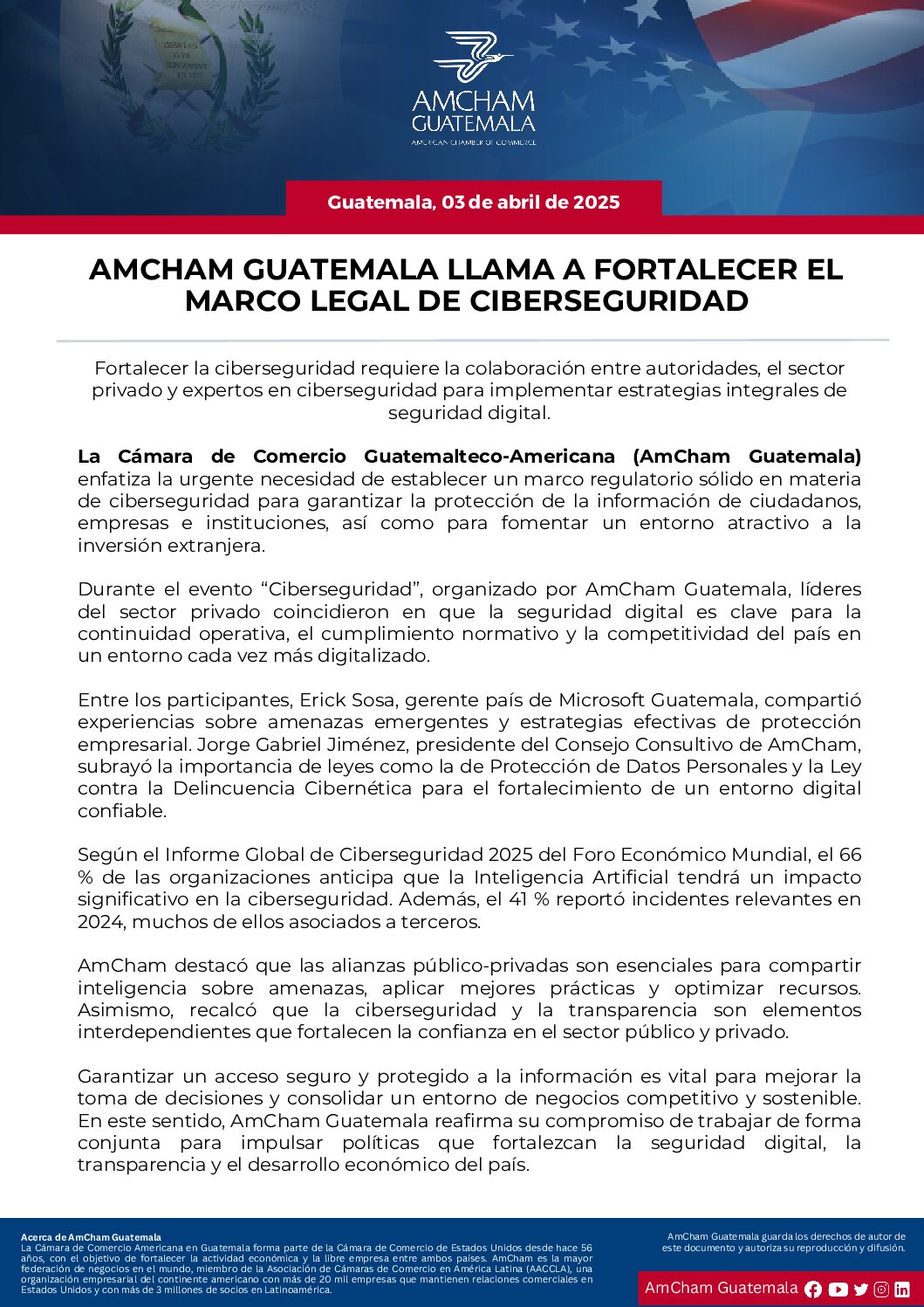 AMCHAM GUATEMALA LLAMA A FORTALECER EL MARCO LEGAL DE CIBERSEGURIDAD