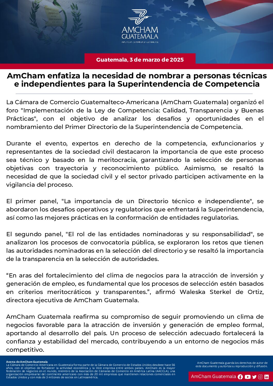 AMCHAM ENFATIZA LA NECESIDAD DE NOMBRAR A PERSONAS TÉCNICAS E INDEPENDIENTES PARA LA SUPERINTENDENCIA DE COMPETENCIA