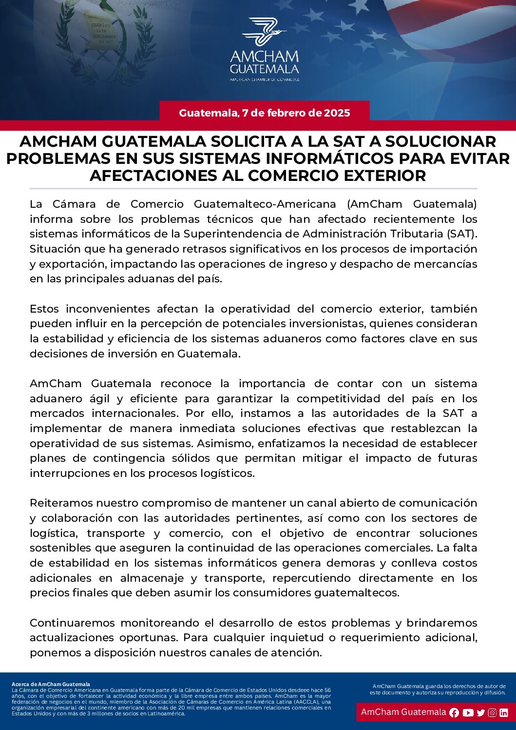 AMCHAM GUATEMALA SOLICITA A LA SAT A SOLUCIONAR PROBLEMAS EN SUS SISTEMAS INFORMÁTICOS PARA EVITAR AFECTACIONES AL COMERCIO EXTERIOR