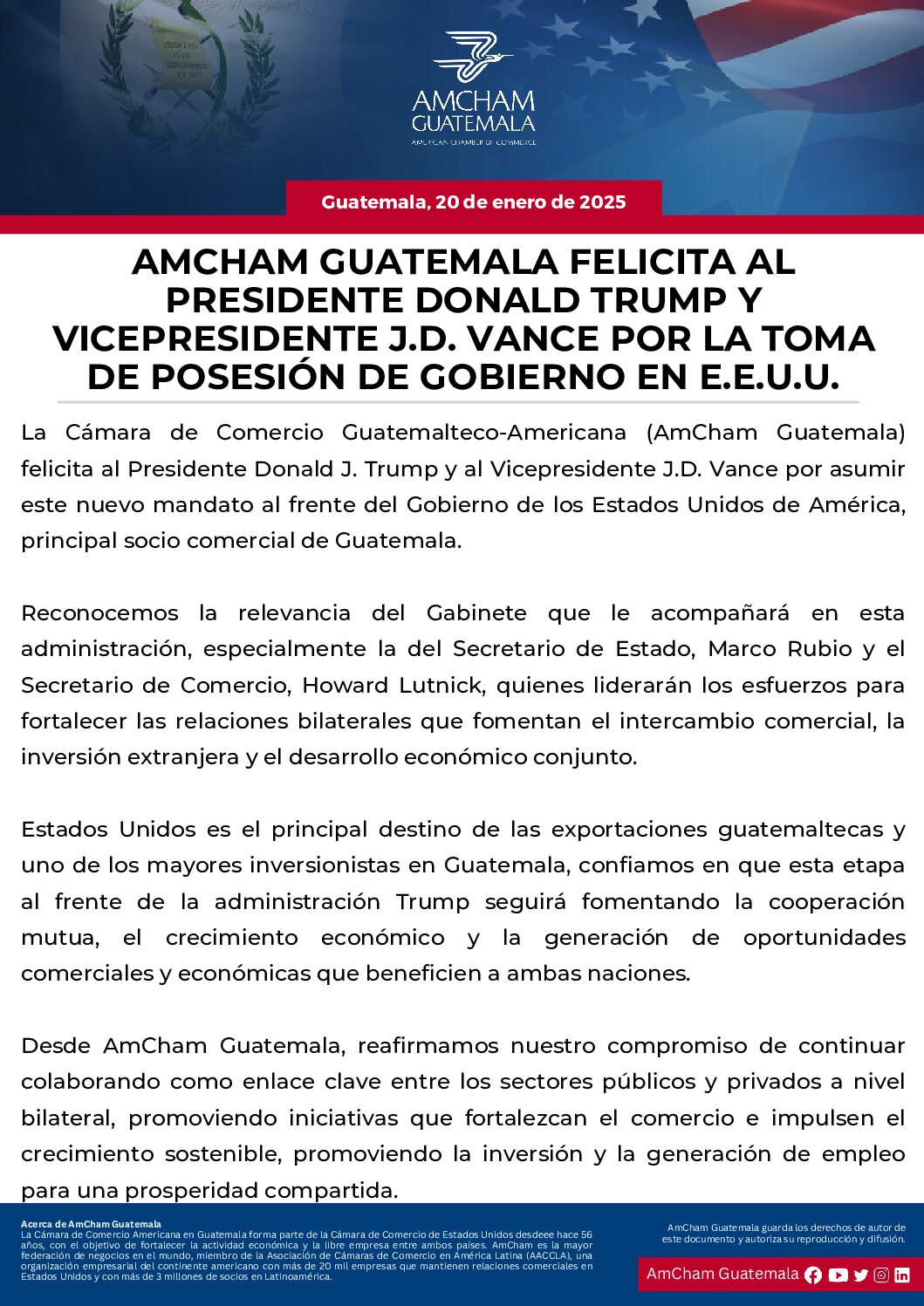 AMCHAM GUATEMALA FELICITA AL PRESIDENTE DONALD TRUMP Y VICEPRESIDENTE J.D. VANCE POR LA TOMA DE POSESIÓN DE GOBIERNO EN E.E.U.U.