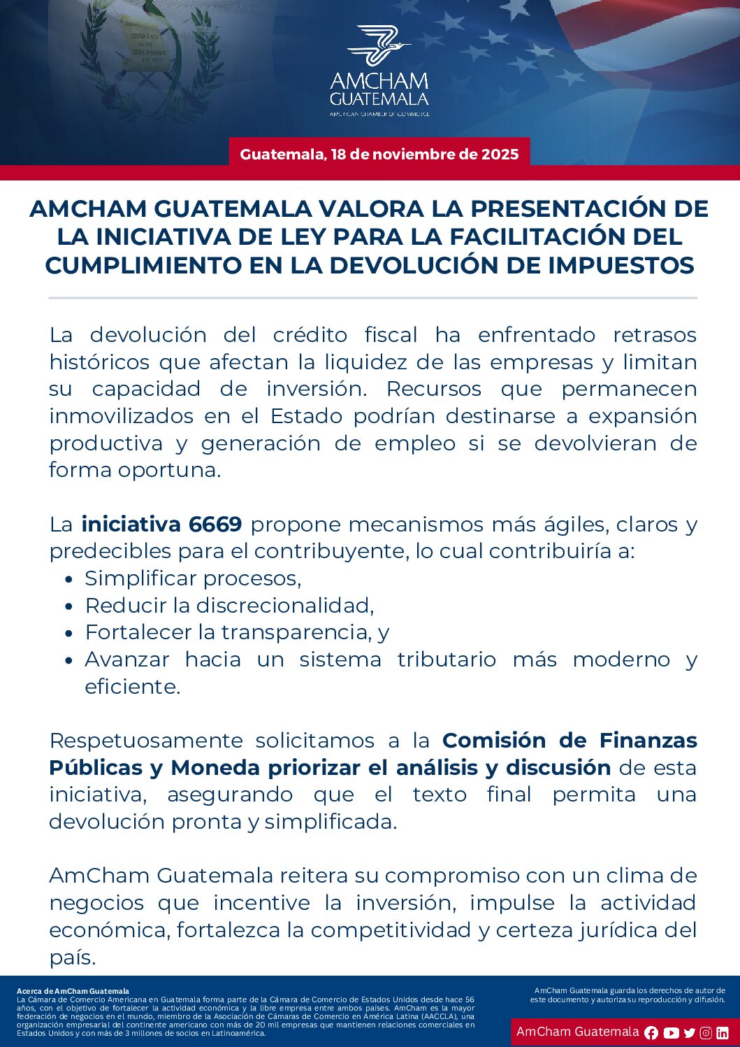 AMCHAM GUATEMALA VALORA LA PRESENTACIÓN DE LA INICIATIVA DE LEY PARA LA FACILITACIÓN DEL CUMPLIMIENTO EN LA DEVOLUCIÓN DE IMPUESTOS