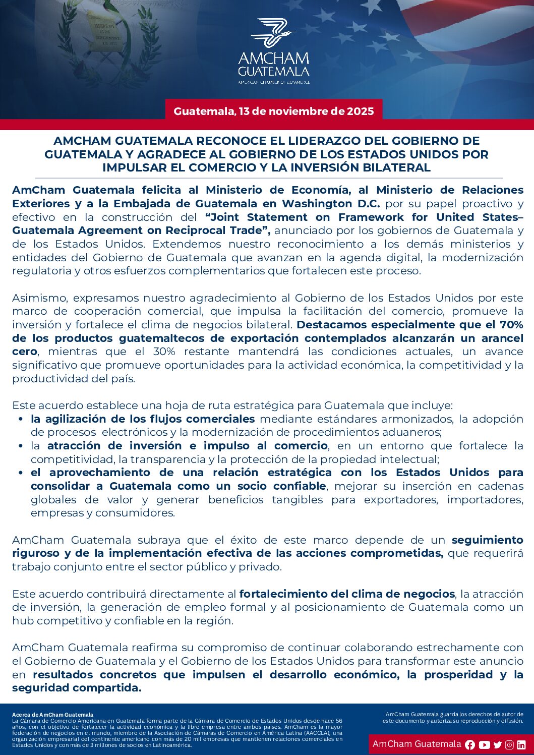 AMCHAM GUATEMALA RECONOCE EL LIDERAZGO DEL GOBIERNO DE GUATEMALA Y AGRADECE AL GOBIERNO DE LOS ESTADOS UNIDOS POR IMPULSAR EL COMERCIO Y LA INVERSIÓN BILATERAL