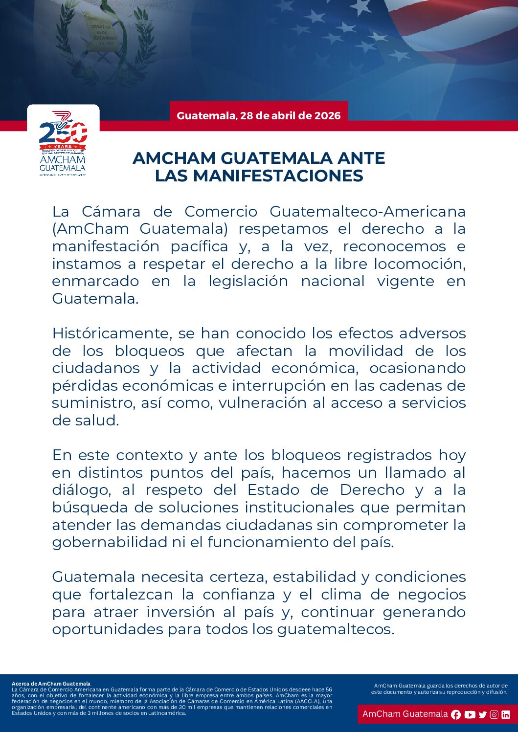 AMCHAM GUATEMALA ANTE LAS MANIFESTACIONES